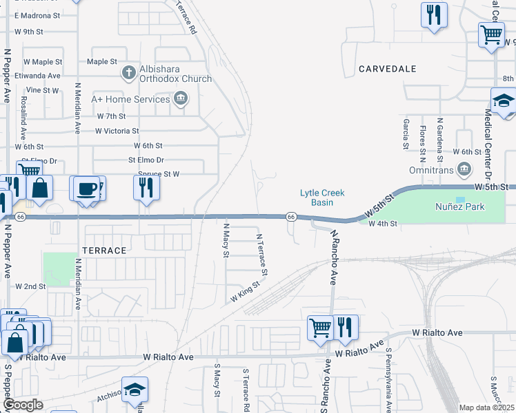 map of restaurants, bars, coffee shops, grocery stores, and more near 1010 Terrace Road in San Bernardino