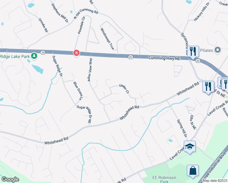 map of restaurants, bars, coffee shops, grocery stores, and more near 870 Underhill Court in Sugar Hill