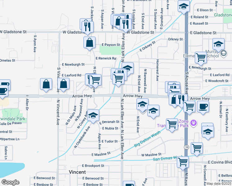 map of restaurants, bars, coffee shops, grocery stores, and more near 5204 North Roxburgh Avenue in Azusa