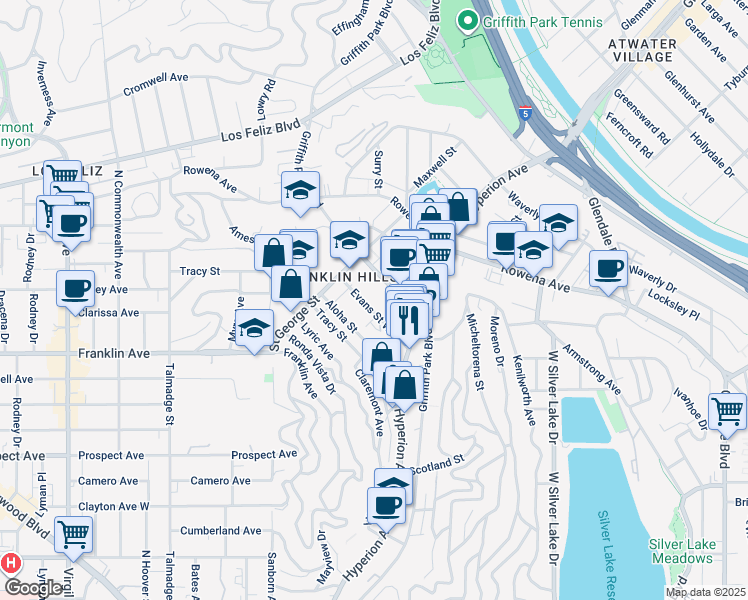 map of restaurants, bars, coffee shops, grocery stores, and more near 3822 Evans Street West in Los Angeles