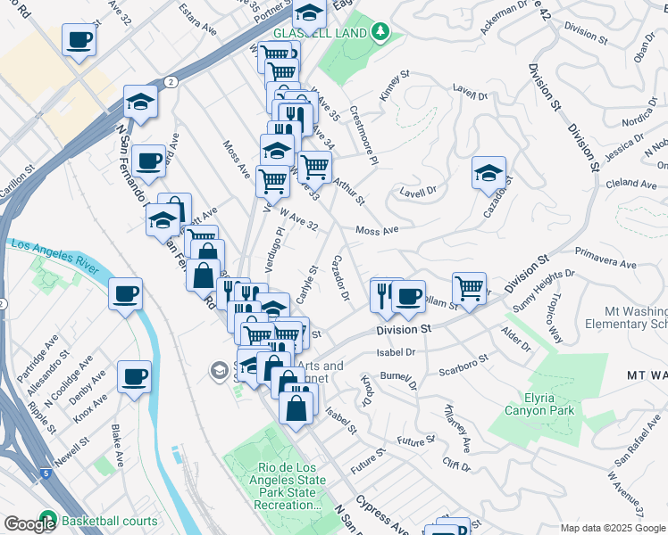 map of restaurants, bars, coffee shops, grocery stores, and more near 2251 Cazador Drive in Los Angeles