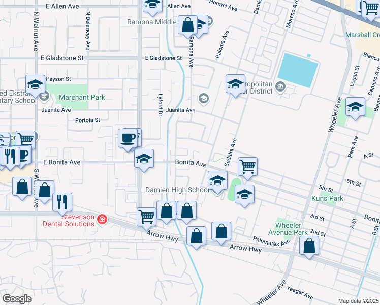 map of restaurants, bars, coffee shops, grocery stores, and more near 2421 Sylvian Lane in La Verne
