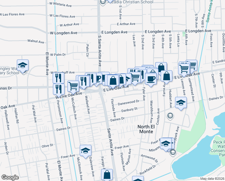 map of restaurants, bars, coffee shops, grocery stores, and more near 11109 Lynrose Street in Arcadia