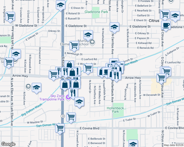 map of restaurants, bars, coffee shops, grocery stores, and more near 479 Marc Place in Azusa