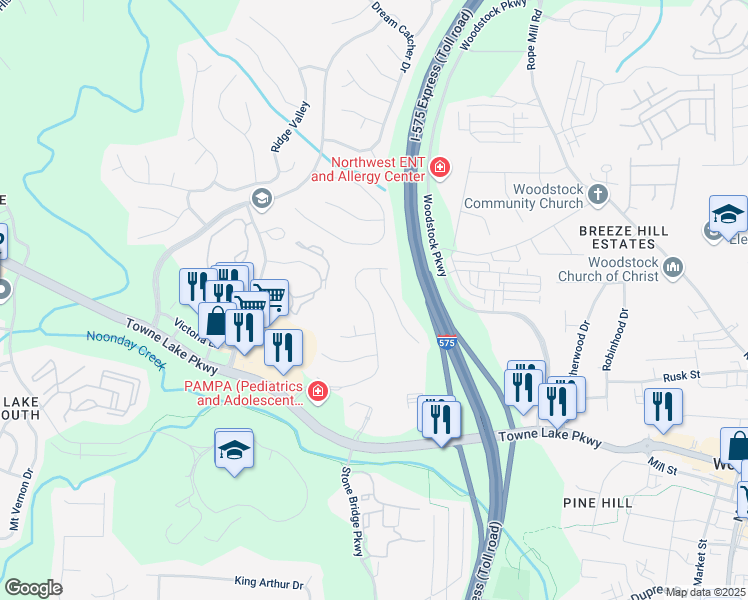 map of restaurants, bars, coffee shops, grocery stores, and more near 174 Stoneforest Drive in Woodstock