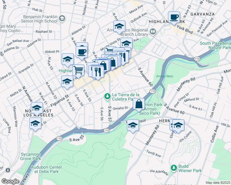 map of restaurants, bars, coffee shops, grocery stores, and more near 5727 Benner Street in Los Angeles
