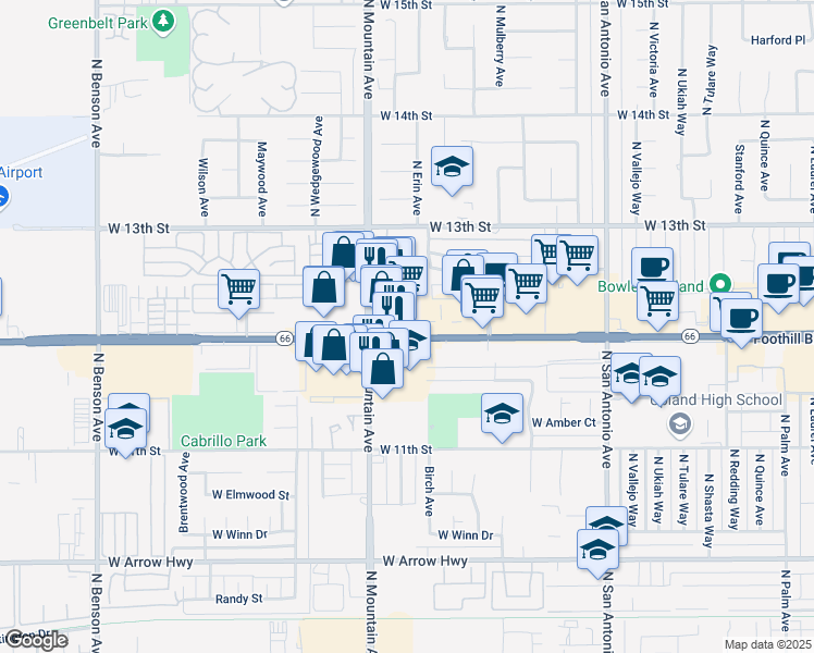 map of restaurants, bars, coffee shops, grocery stores, and more near 1023 West Foothill Boulevard in Upland