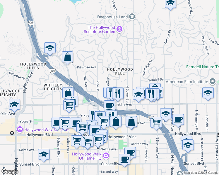 map of restaurants, bars, coffee shops, grocery stores, and more near 1957 Vista Del Mar Avenue in Los Angeles