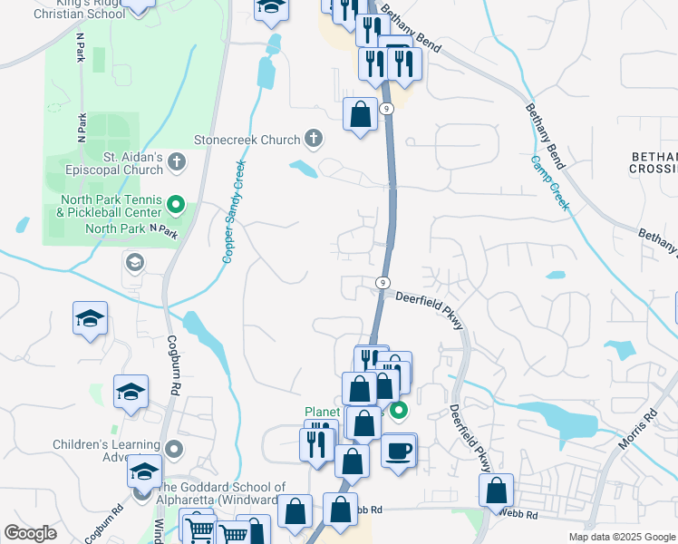 map of restaurants, bars, coffee shops, grocery stores, and more near 3000 Big Sky Lane in Alpharetta