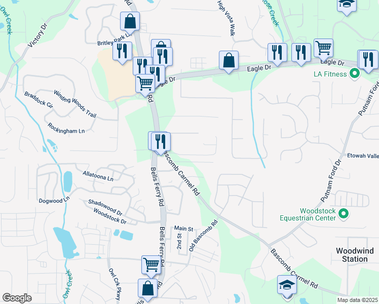 map of restaurants, bars, coffee shops, grocery stores, and more near 235 Strawberry Lane in Woodstock