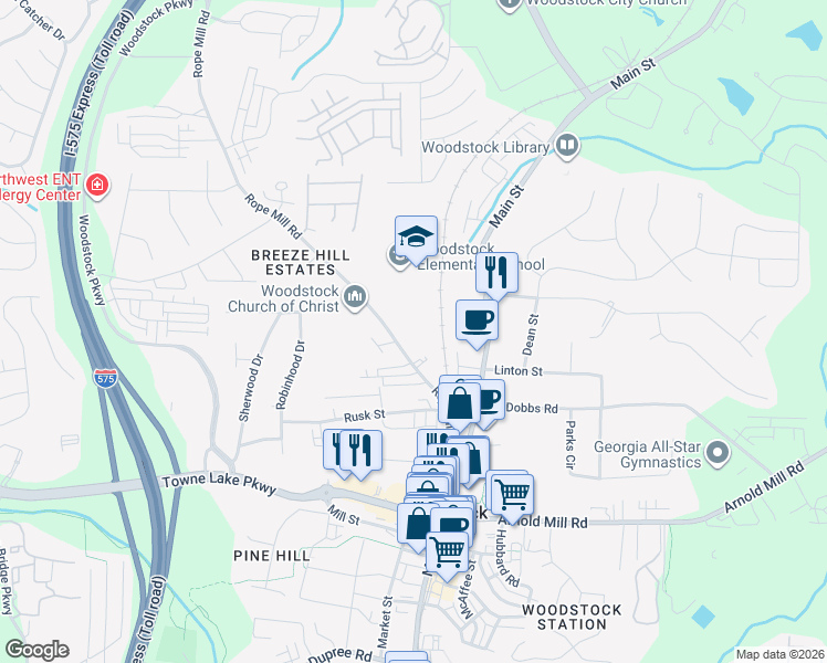 map of restaurants, bars, coffee shops, grocery stores, and more near 216 Rope Mill Road in Woodstock