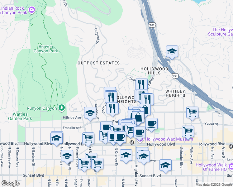 map of restaurants, bars, coffee shops, grocery stores, and more near 6921 Paseo Del Serra in Los Angeles