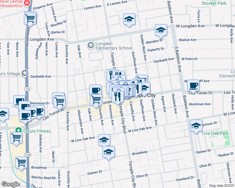 map of restaurants, bars, coffee shops, grocery stores, and more near in Temple City