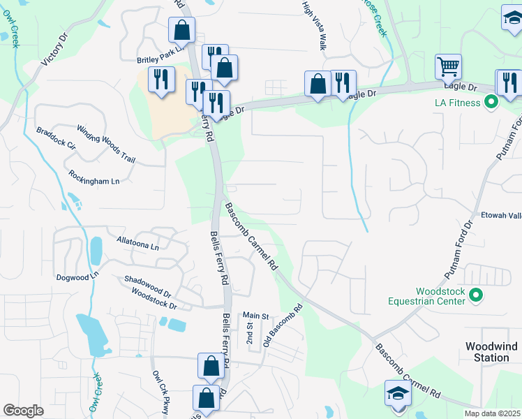 map of restaurants, bars, coffee shops, grocery stores, and more near 231 Strawberry Lane in Woodstock