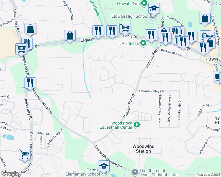 map of restaurants, bars, coffee shops, grocery stores, and more near 5005 Spice Garden Lane in Woodstock