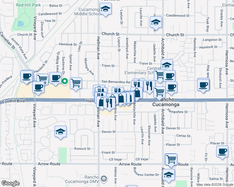 map of restaurants, bars, coffee shops, grocery stores, and more near 8074 Joplin Place in Rancho Cucamonga
