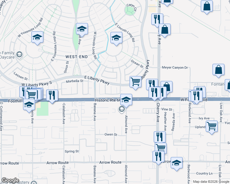 map of restaurants, bars, coffee shops, grocery stores, and more near 8082 Milan Court in Fontana