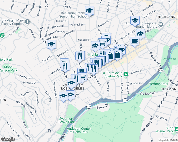 map of restaurants, bars, coffee shops, grocery stores, and more near 105 North Avenue 52 in Los Angeles