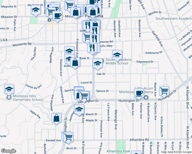 map of restaurants, bars, coffee shops, grocery stores, and more near 1612 Fair Oaks Avenue in South Pasadena