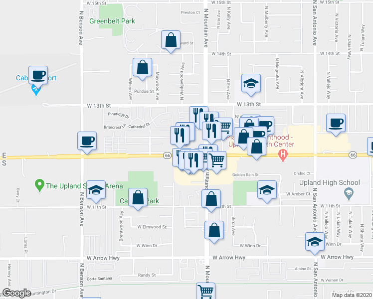 map of restaurants, bars, coffee shops, grocery stores, and more near 1299 West Foothill Boulevard in Upland