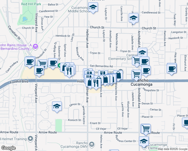 map of restaurants, bars, coffee shops, grocery stores, and more near 9336 Foothill Boulevard in Rancho Cucamonga