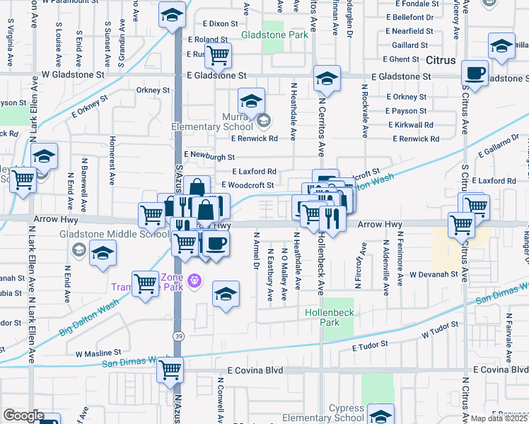 map of restaurants, bars, coffee shops, grocery stores, and more near 475 Andrew Drive in Azusa