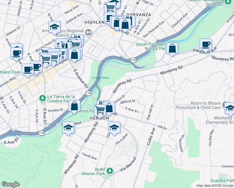 map of restaurants, bars, coffee shops, grocery stores, and more near 6140 Monterey Road in Los Angeles