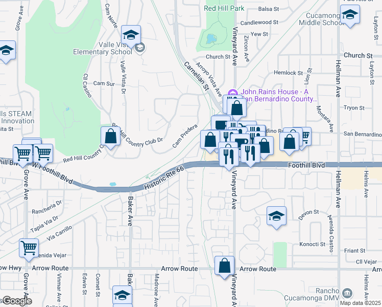 map of restaurants, bars, coffee shops, grocery stores, and more near 8063 Cresta Bella Road in Rancho Cucamonga