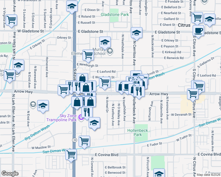 map of restaurants, bars, coffee shops, grocery stores, and more near 479 Marc Place in Azusa