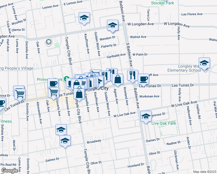 map of restaurants, bars, coffee shops, grocery stores, and more near 9815 Las Tunas Drive in Temple City