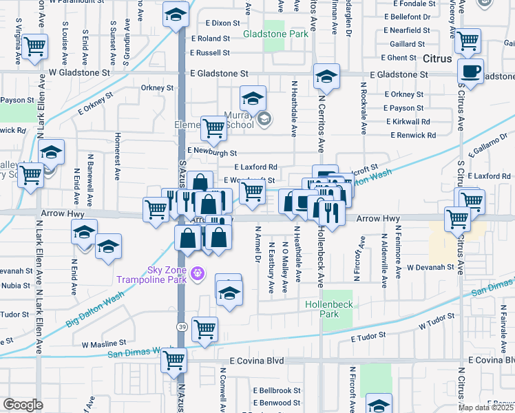 map of restaurants, bars, coffee shops, grocery stores, and more near 469 East Arrow Highway in Azusa