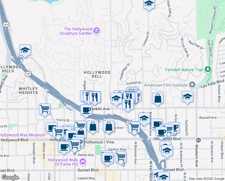 map of restaurants, bars, coffee shops, grocery stores, and more near 2000 Beachwood Drive in Los Angeles