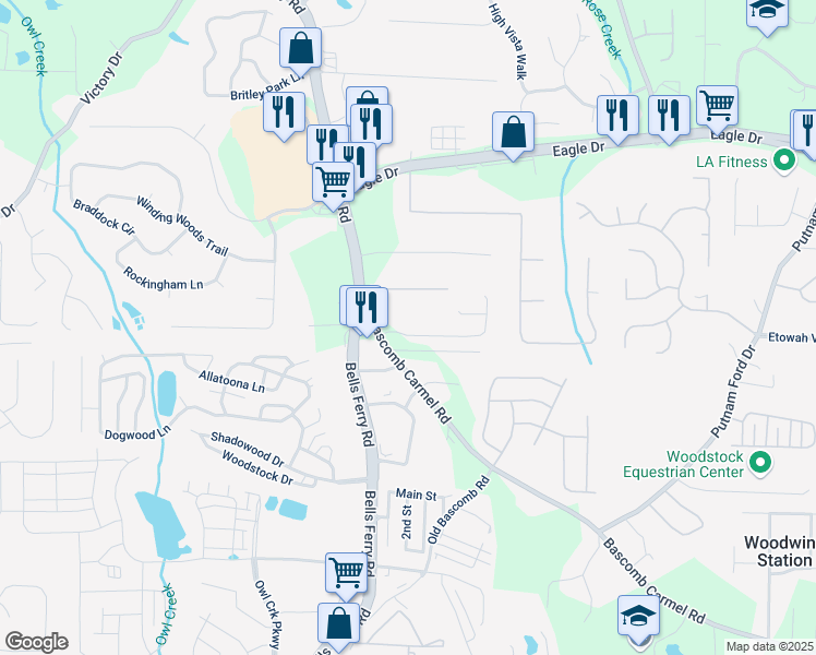 map of restaurants, bars, coffee shops, grocery stores, and more near 215 Strawberry Lane in Woodstock