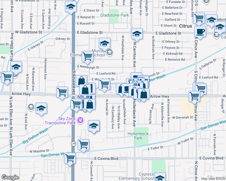 map of restaurants, bars, coffee shops, grocery stores, and more near 493 Marc Place in Azusa