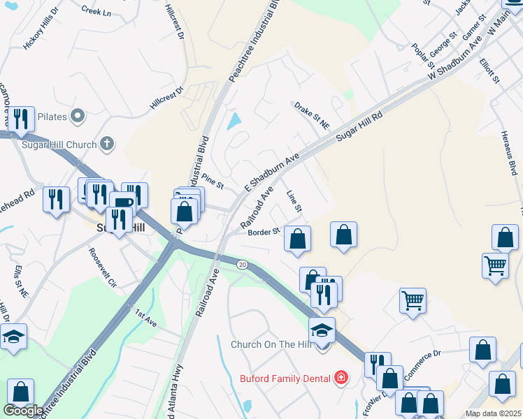map of restaurants, bars, coffee shops, grocery stores, and more near 1457 Railroad Avenue in Buford