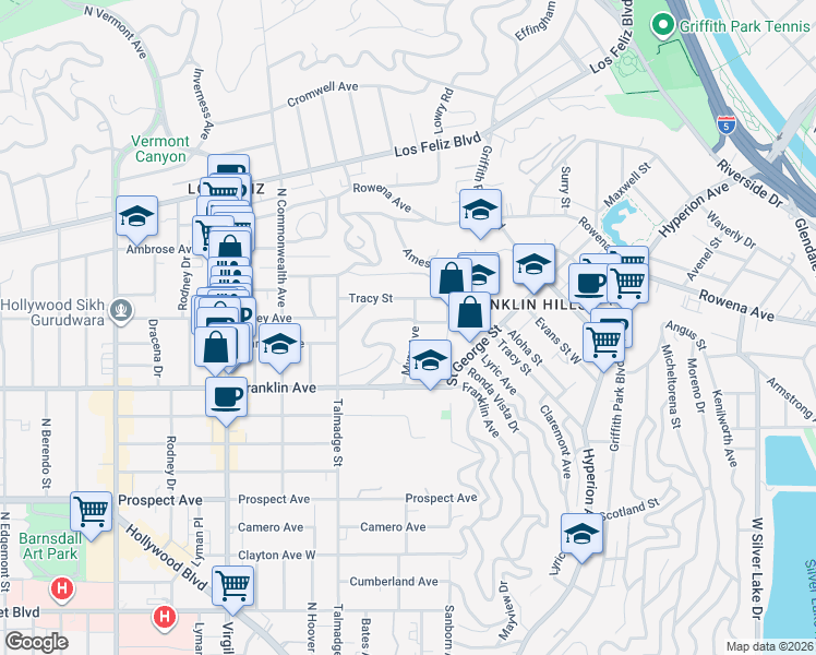 map of restaurants, bars, coffee shops, grocery stores, and more near 1967 Myra Avenue in Los Angeles