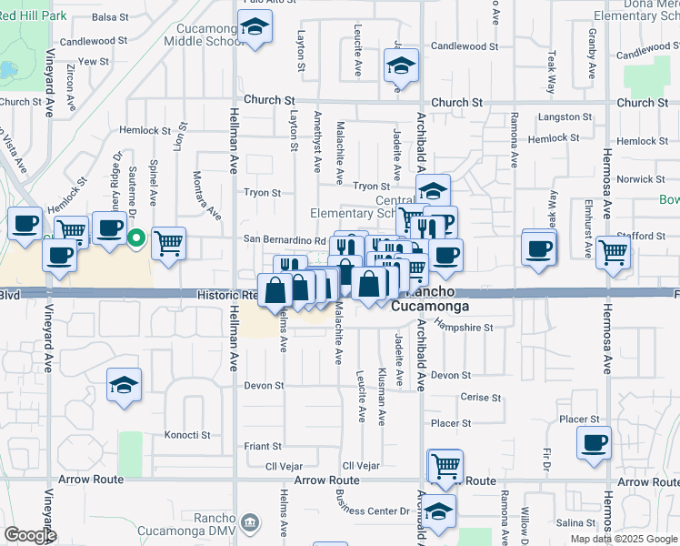 map of restaurants, bars, coffee shops, grocery stores, and more near 8055 Pueblo Place in Rancho Cucamonga