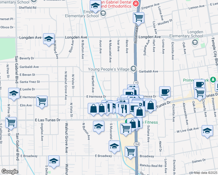 map of restaurants, bars, coffee shops, grocery stores, and more near 5922 North Muscatel Avenue in San Gabriel