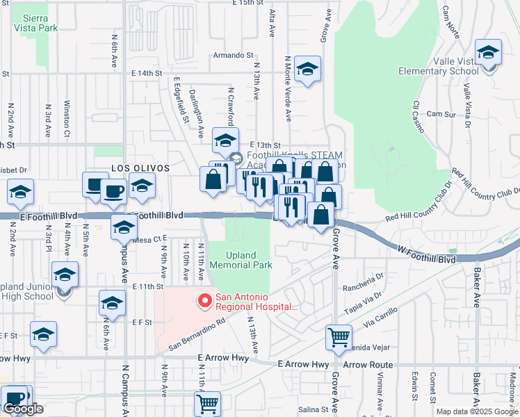 map of restaurants, bars, coffee shops, grocery stores, and more near 1330 West Historic Route 66 in Upland