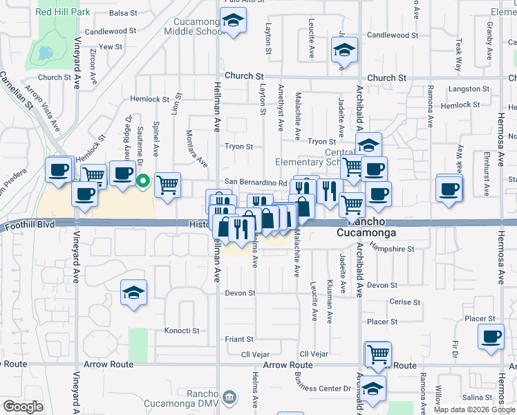 map of restaurants, bars, coffee shops, grocery stores, and more near 8074 Joplin Place in Rancho Cucamonga
