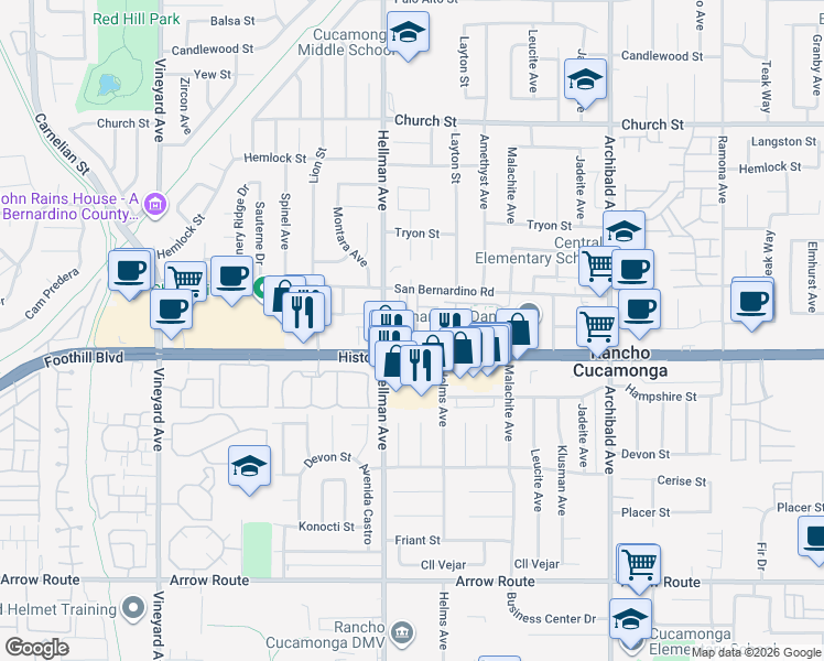 map of restaurants, bars, coffee shops, grocery stores, and more near 9336 Foothill Boulevard in Rancho Cucamonga