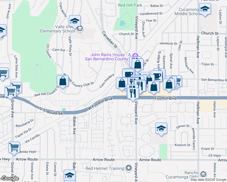 map of restaurants, bars, coffee shops, grocery stores, and more near 8733 Olive Tree Drive in Rancho Cucamonga