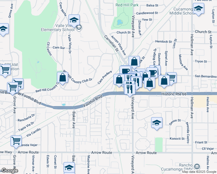 map of restaurants, bars, coffee shops, grocery stores, and more near 8733 Olive Tree Drive in Rancho Cucamonga