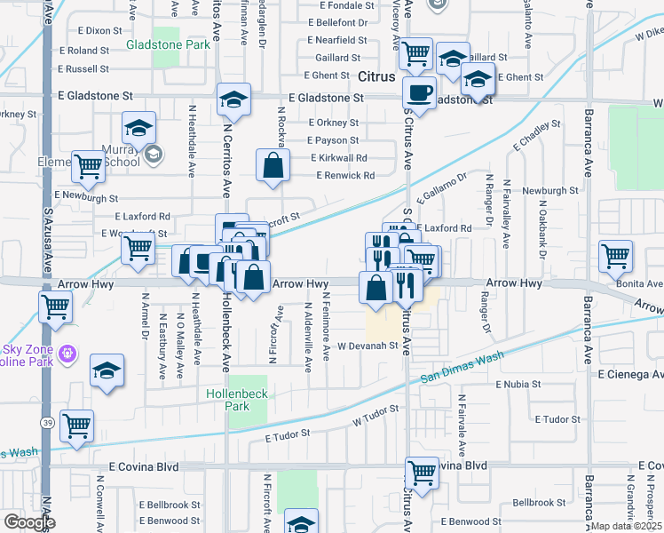 map of restaurants, bars, coffee shops, grocery stores, and more near 765 East Arrow Highway in Azusa