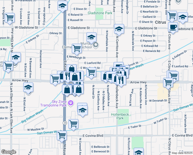 map of restaurants, bars, coffee shops, grocery stores, and more near 469 East Arrow Highway in Azusa
