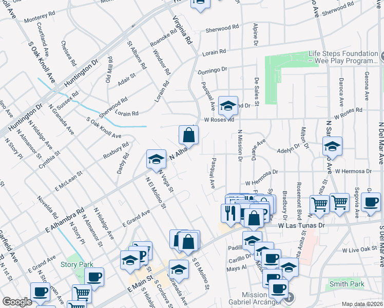 map of restaurants, bars, coffee shops, grocery stores, and more near 390 East Alhambra Road in Alhambra