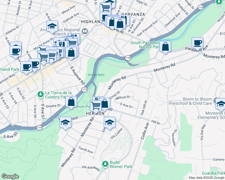 map of restaurants, bars, coffee shops, grocery stores, and more near 6141 Pine Crest Drive in Los Angeles