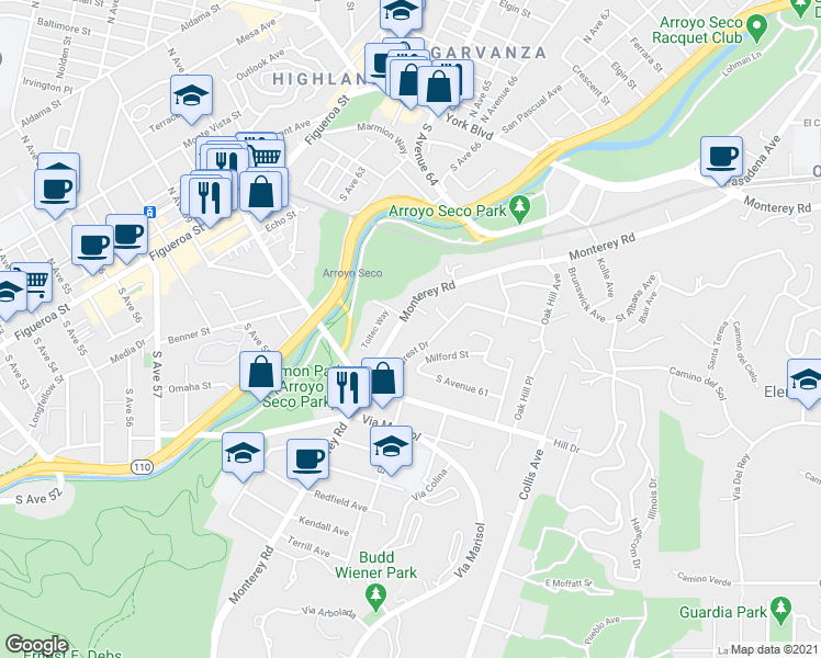 map of restaurants, bars, coffee shops, grocery stores, and more near 6141 Pine Crest Drive in Los Angeles