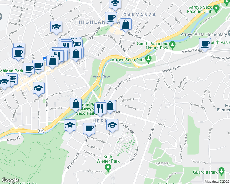 map of restaurants, bars, coffee shops, grocery stores, and more near 6117 Monterey Road in Los Angeles