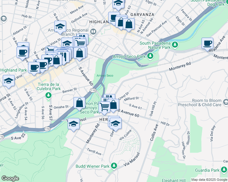 map of restaurants, bars, coffee shops, grocery stores, and more near 6117 Monterey Road in Los Angeles